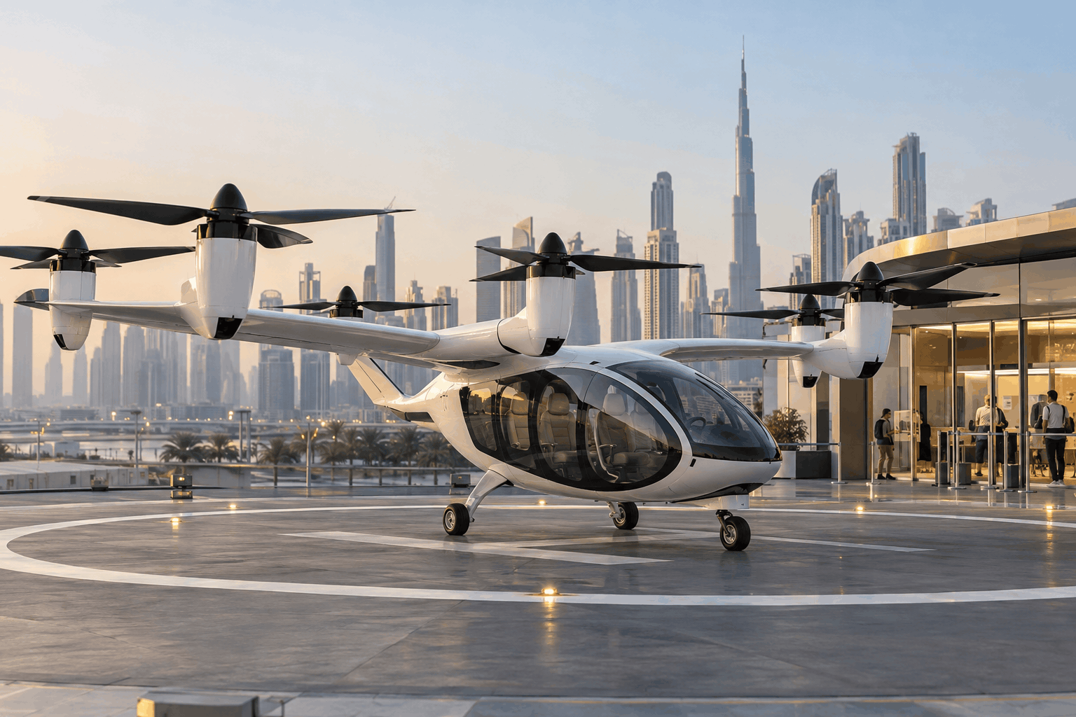 AI-generated illustration: Electric air taxi on a rooftop vertiport overlooking Dubai