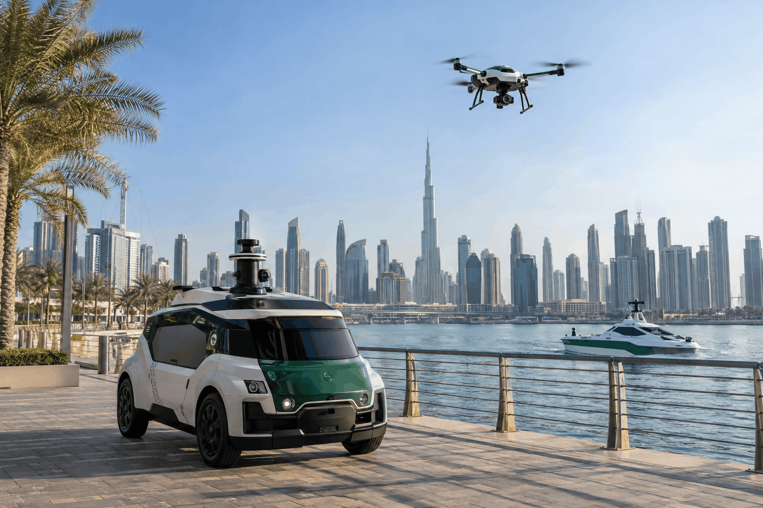 AI-generated illustration: Autonomous police patrol vehicle, aerial drone and patrol boat at a Dubai waterfront