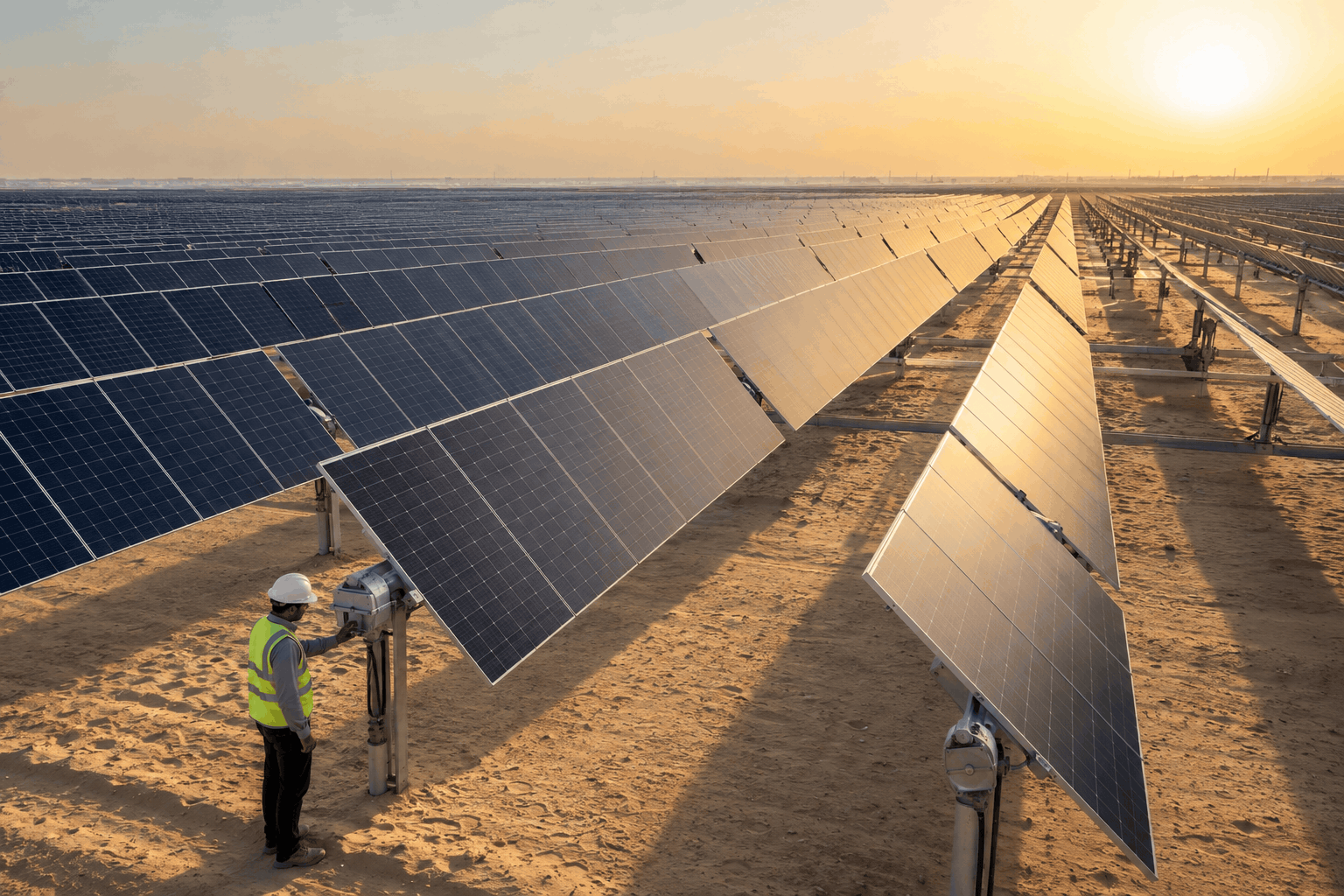 AI-generated illustration: Rows of photovoltaic panels on solar tracking supports in a desert solar park