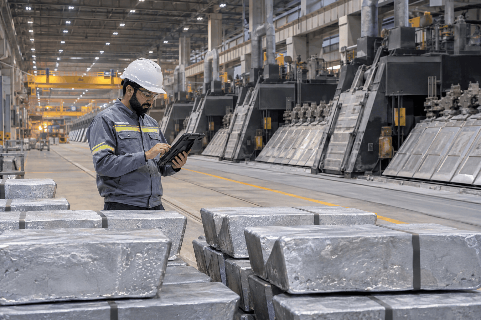 AI-generated illustration: Engineer monitoring an aluminium smelter potline with aluminium billets in the foreground