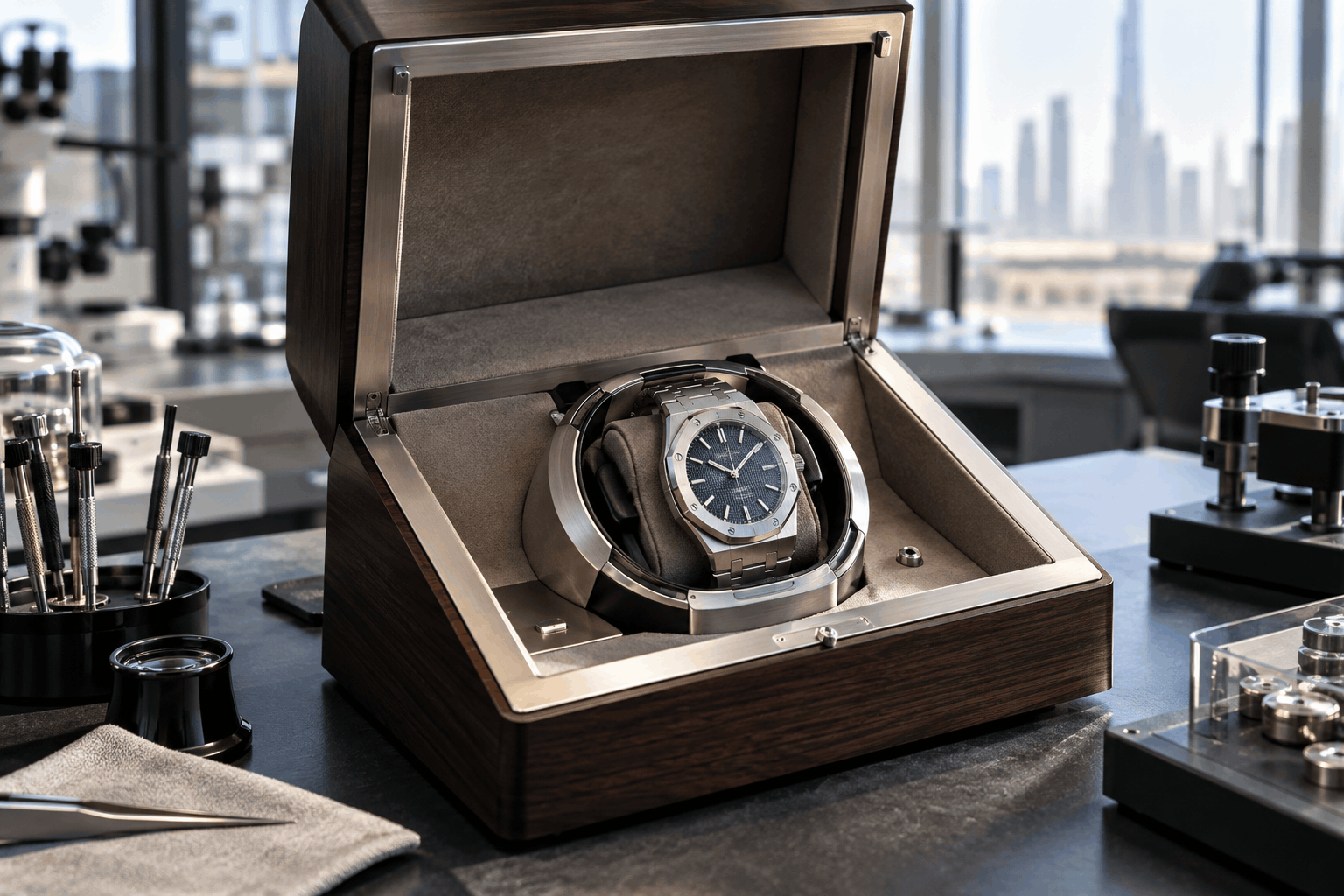 AI-generated illustration: Luxury mechanical watch inside an intelligent presentation and winding box