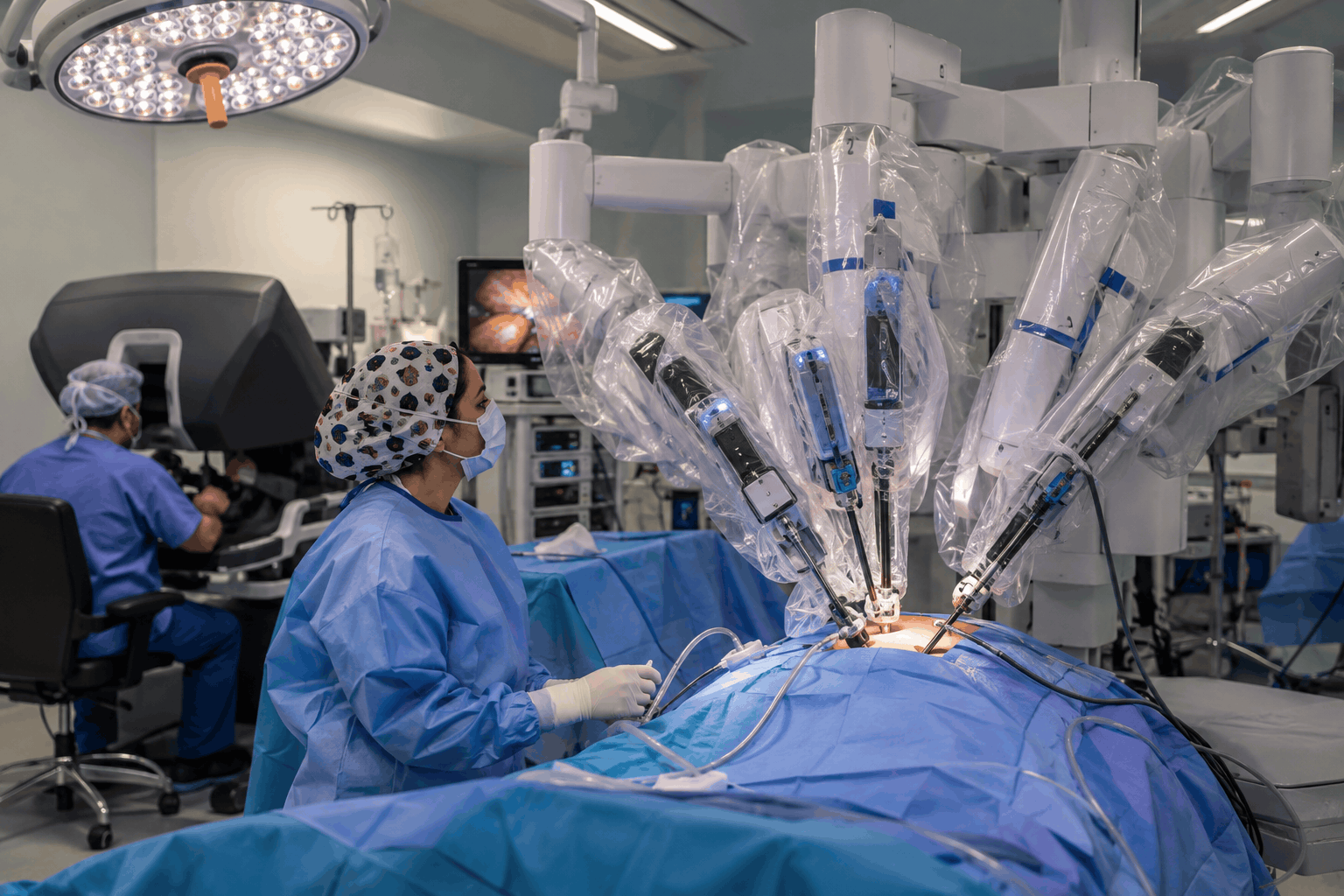 AI-generated illustration: Robotic surgical instrument arms and a surgeon console in a modern operating room