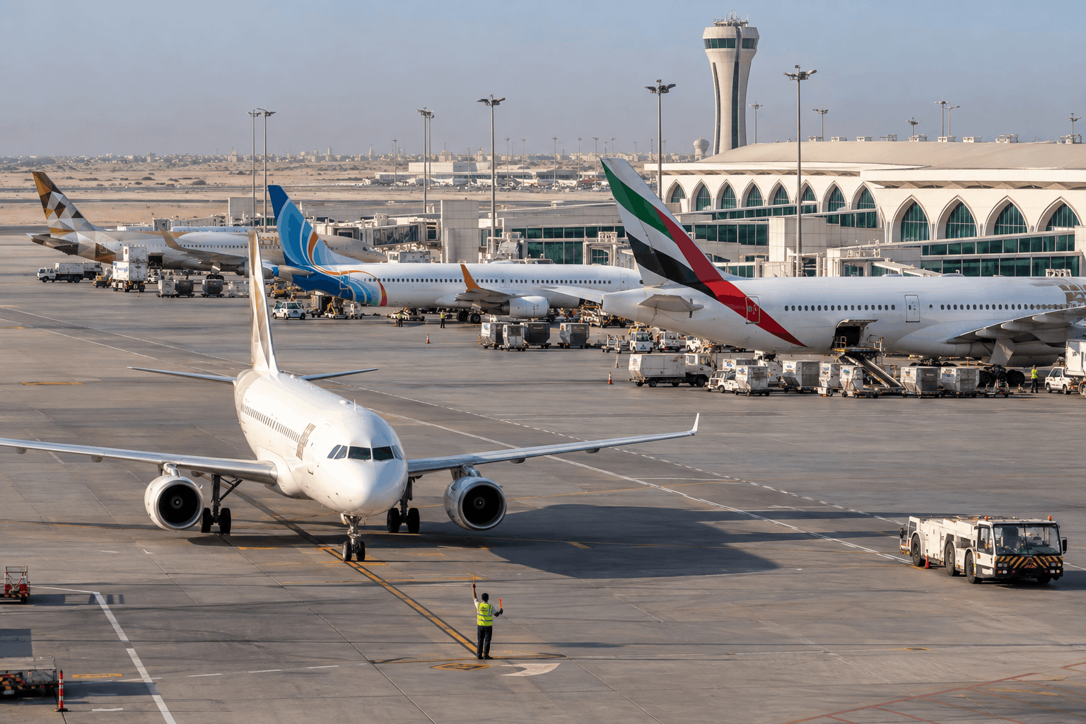 AI-generated illustration: Passenger aircraft and ground service vehicles at marked airport stands