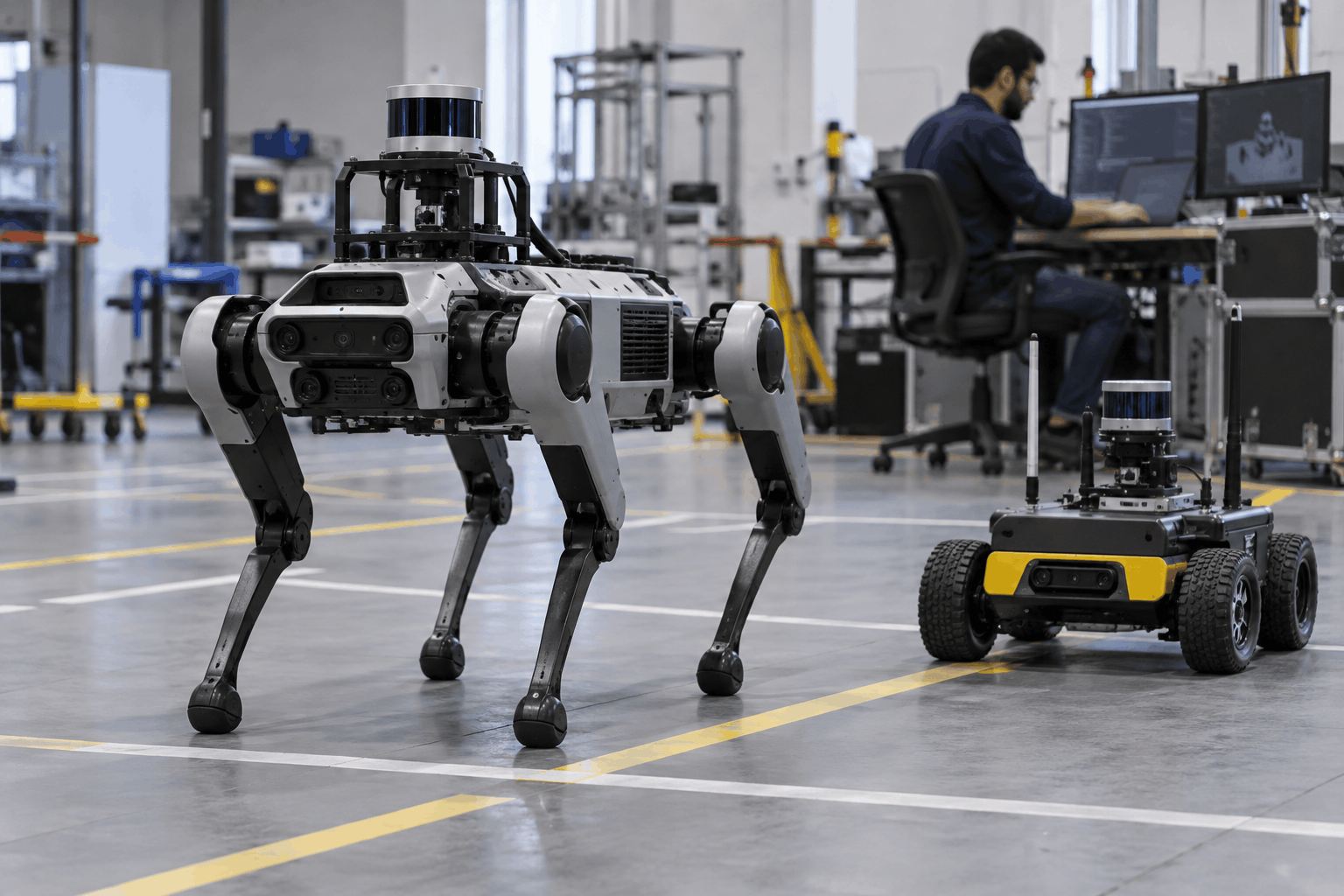 AI-generated illustration: Autonomous quadruped and wheeled research robots in a robotics testing laboratory
