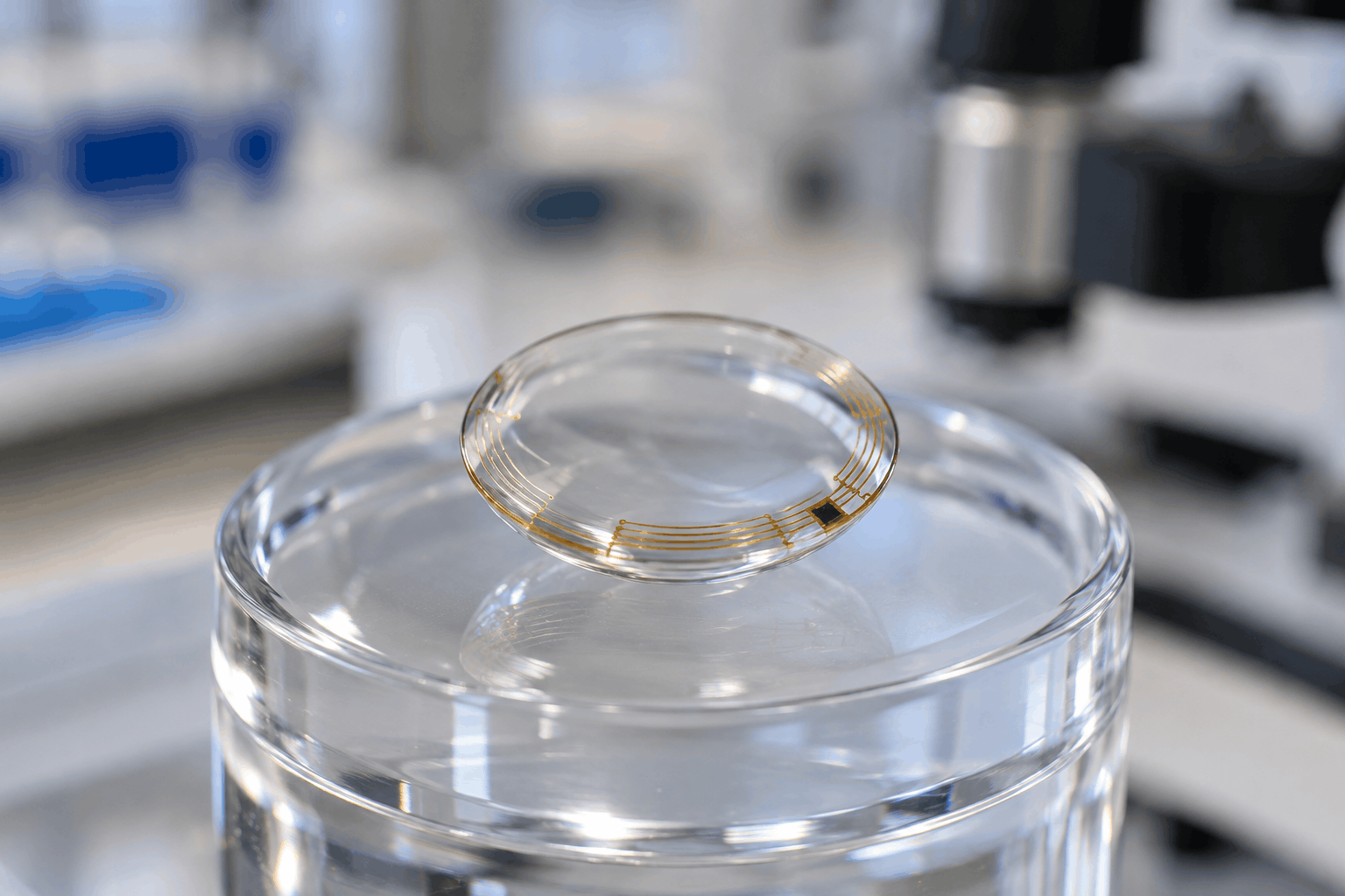 AI-generated illustration: Transparent smart contact lens with miniature peripheral circuitry on a laboratory holder